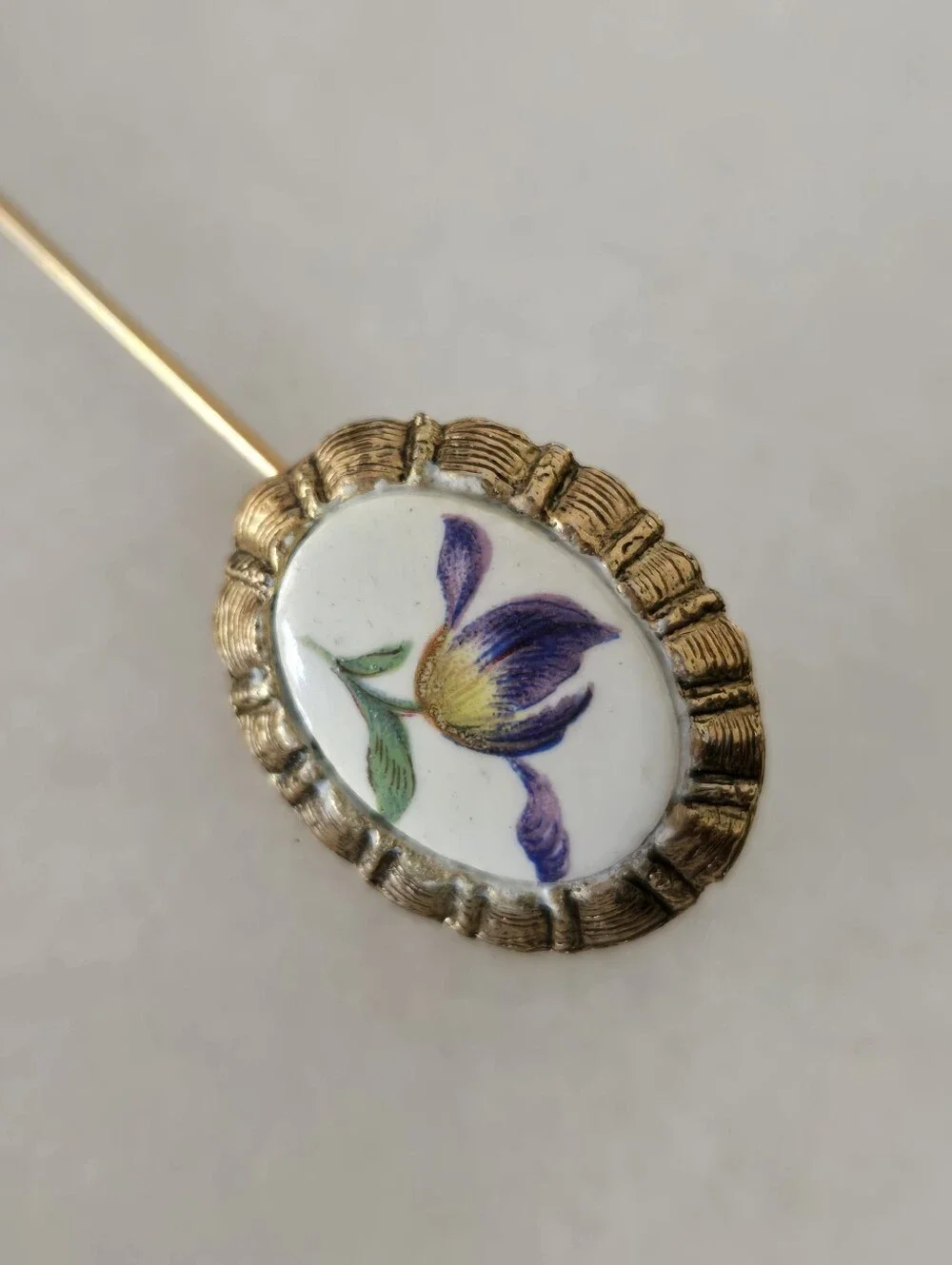 Vtg Painted Porcelain Oval Floral Hat Pin Brooch, Iris/Tulip, Fairy, Victorian
